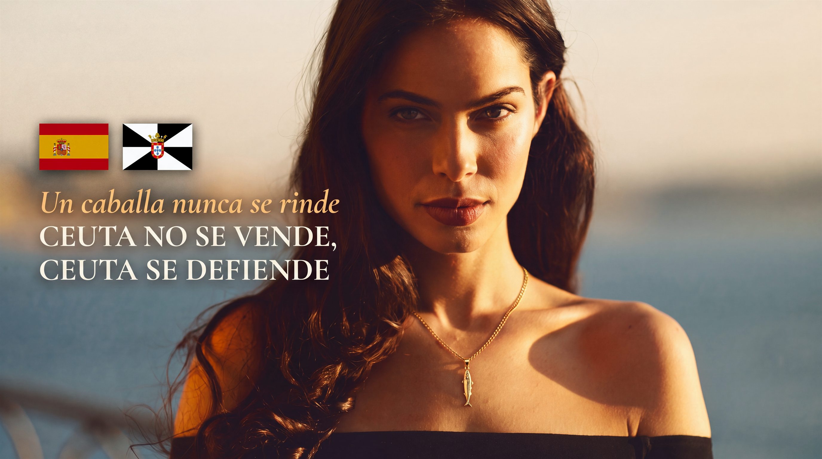 Modelo con el colgante de la Caballa y el lema «Un caballa nunca se rinde. Ceuta no se vende, Ceuta se defiende», junto a las banderas de España y de Ceuta